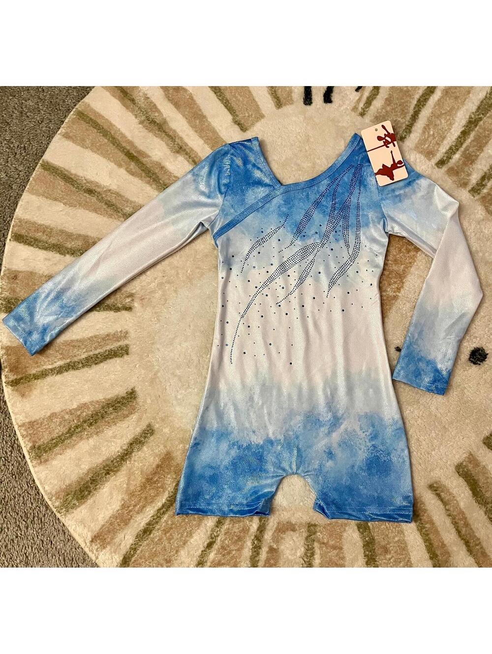 Size 6/7 Blue & White Shimmer Gymnastics Leotard NWT Long Sleeve Rhinestone Elsa